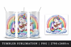 Watercolor cute cheerful unicorn playing ukulele guitar under rainbow print 20 oz tumbler skinny mug wrap clipart t-shirt sublimation printable design