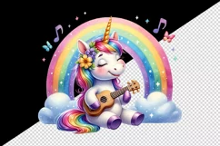 Watercolor cute cheerful unicorn playing ukulele guitar under rainbow print 20 oz tumbler skinny mug wrap clipart t-shirt sublimation printable design