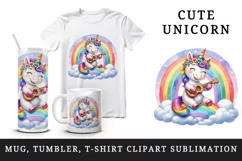 Watercolor cute cheerful unicorn playing ukulele guitar under rainbow print 20 oz tumbler skinny mug wrap clipart t-shirt sublimation printable design