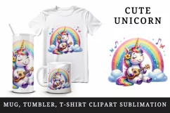 Watercolor cute cheerful unicorn playing ukulele guitar under rainbow print 20 oz tumbler skinny mug wrap clipart t-shirt sublimation printable design