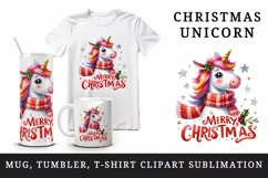 Watercolor cute cheerful unicorn red scarf Merry Christmas quote print 20 oz tumbler skinny mug wrap clipart t-shirt sublimation printable design