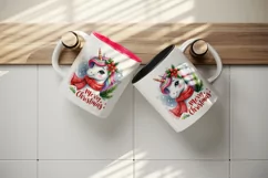 Watercolor cute cheerful unicorn red scarf Merry Christmas quote print 20 oz tumbler skinny mug wrap clipart t-shirt sublimation printable design