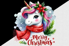 Watercolor cute cheerful unicorn red scarf Merry Christmas quote print 20 oz tumbler skinny mug wrap clipart t-shirt sublimation printable design