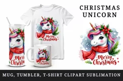 Watercolor cute cheerful unicorn red scarf Merry Christmas quote print 20 oz tumbler skinny mug wrap clipart t-shirt sublimation printable design