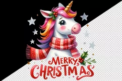 Watercolor cute cheerful unicorn red scarf Merry Christmas quote print 20 oz tumbler skinny mug wrap clipart t-shirt sublimation printable design