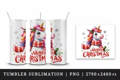 Watercolor cute cheerful unicorn red scarf Merry Christmas quote print 20 oz tumbler skinny mug wrap clipart t-shirt sublimation printable design