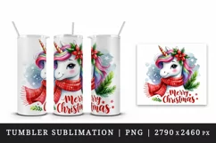 Watercolor cute cheerful unicorn red scarf Merry Christmas quote print 20 oz tumbler skinny mug wrap clipart t-shirt sublimation printable design