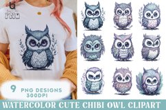 Watercolor Cute Chibi Owl Clipart, Owl T-shirt Design Product Image 1
