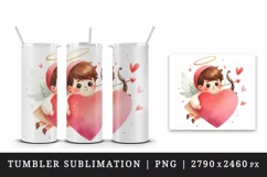 Watercolor cute child Cupid red heart arrow love Valentine Day print 20 oz tumbler skinny mug wrap clipart t-shirt sublimation printable design