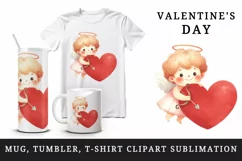 Watercolor cute child Cupid red heart arrow love Valentine Day print 20 oz tumbler skinny mug wrap clipart t-shirt sublimation printable design