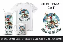 Watercolor cute Christmas cat reindeer antlers hat lights quote print 20 oz tumbler skinny mug wrap clipart t-shirt sublimation printable design