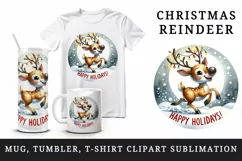 Watercolor cute Christmas reindeer lights round Happy Holidays quote print 20 oz tumbler skinny mug wrap clipart t-shirt sublimation printable design