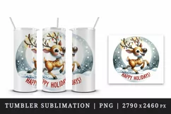Watercolor cute Christmas reindeer lights round Happy Holidays quote print 20 oz tumbler skinny mug wrap clipart t-shirt sublimation printable design