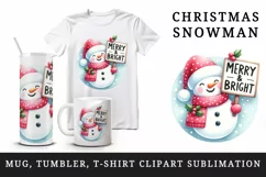 Watercolor cute Christmas snowman hat sign Merry and Bright quote print 20 oz tumbler skinny mug wrap clipart t-shirt sublimation printable design