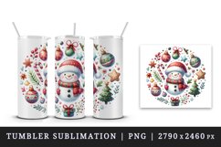 Watercolor cute Christmas snowman scarf hat bauble tree round print 20 oz tumbler skinny mug wrap clipart t-shirt sublimation printable design
