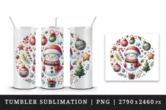 Watercolor cute Christmas snowman scarf hat bauble tree round print 20 oz tumbler skinny mug wrap clipart t-shirt sublimation printable design