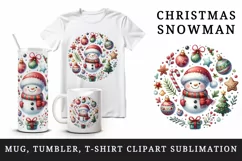 Watercolor cute Christmas snowman scarf hat bauble tree round print 20 oz tumbler skinny mug wrap clipart t-shirt sublimation printable design