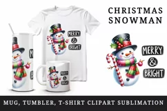 Watercolor cute Christmas snowman scarf hat Merry and Bright quote print 20 oz tumbler skinny mug wrap clipart t-shirt sublimation printable design