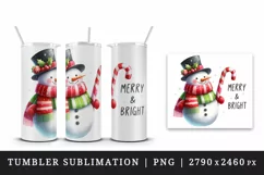 Watercolor cute Christmas snowman scarf hat Merry and Bright quote print 20 oz tumbler skinny mug wrap clipart t-shirt sublimation printable design