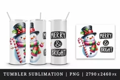 Watercolor cute Christmas snowman scarf hat Merry and Bright quote print 20 oz tumbler skinny mug wrap clipart t-shirt sublimation printable design