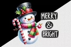 Watercolor cute Christmas snowman scarf hat Merry and Bright quote print 20 oz tumbler skinny mug wrap clipart t-shirt sublimation printable design