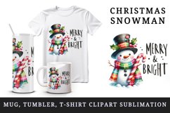 Watercolor cute Christmas snowman scarf hat Merry and Bright quote print 20 oz tumbler skinny mug wrap clipart t-shirt sublimation printable design