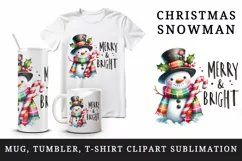Watercolor cute Christmas snowman scarf hat Merry and Bright quote print 20 oz tumbler skinny mug wrap clipart t-shirt sublimation printable design
