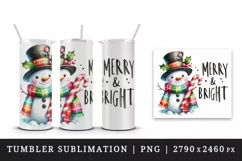 Watercolor cute Christmas snowman scarf hat Merry and Bright quote print 20 oz tumbler skinny mug wrap clipart t-shirt sublimation printable design