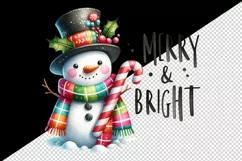Watercolor cute Christmas snowman scarf hat Merry and Bright quote print 20 oz tumbler skinny mug wrap clipart t-shirt sublimation printable design