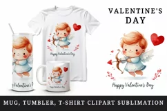 Watercolor cute chubby Cupid red heart arrows Happy Valentine Day print 20 oz tumbler skinny mug wrap clipart t-shirt sublimation printable design