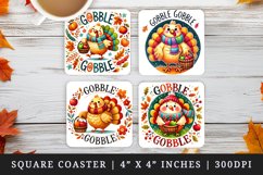 Watercolor cute chubby turkey basket of apples Gobble quote Thanksgiving autumn fall print square coaster mug coasters sublimation design