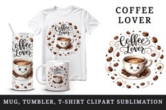 Watercolor cute coffee cup character beans Coffee Lover quote print 20 oz tumbler skinny mug wrap clipart t-shirt sublimation printable design
