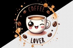 Watercolor cute coffee cup character winking Coffee Lover quote print 20 oz tumbler skinny mug wrap clipart t-shirt sublimation printable design
