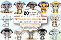 Watercolor Cute Color Full Mouse in Rain Clipart Bundle Product Image 1