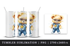 Watercolor cute cool glamour bear superstar animal toy glasses stars print 20 oz tumbler skinny mug wrap clipart t-shirt sublimation printable design