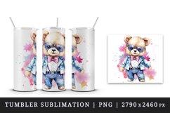 Watercolor cute cool glamour bear superstar animal toy sunglasses print 20 oz tumbler skinny mug wrap clipart t-shirt sublimation printable design