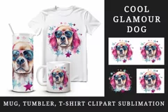 Watercolor cute cool glamour dog funny superstar animal sunglasses print 20 oz tumbler skinny mug wrap clipart t-shirt sublimation printable design