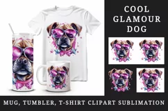 Watercolor cute cool glamour dog superstar animal sunglasses stars print 20 oz tumbler skinny mug wrap clipart t-shirt sublimation printable design