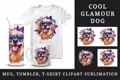 Watercolor cute cool glamour dog superstar animal sunglasses stars print 20 oz tumbler skinny mug wrap clipart t-shirt sublimation printable design