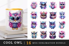 Watercolor cute cool glamour owl funny superstar wild animal bird sunglasses print design wrap printable sublimation bundle for mug