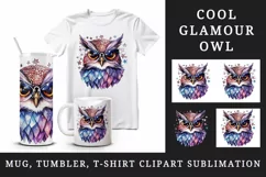 Watercolor cute cool glamour owl superstar animal bird glasses stars print 20 oz tumbler skinny mug wrap clipart t-shirt sublimation printable design