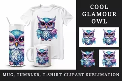 Watercolor cute cool glamour owl superstar wild animal bird glasses print 20 oz tumbler skinny mug wrap clipart t-shirt sublimation printable design