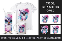 Watercolor cute cool glamour owl superstar wild animal bird glasses print 20 oz tumbler skinny mug wrap clipart t-shirt sublimation printable design