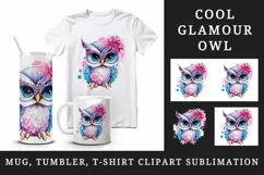 Watercolor cute cool glamour owl superstar wild animal bird glasses print 20 oz tumbler skinny mug wrap clipart t-shirt sublimation printable design