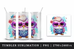 Watercolor cute cool glamour owl superstar wild animal bird glasses print 20 oz tumbler skinny mug wrap clipart t-shirt sublimation printable design