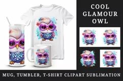 Watercolor cute cool glamour owl superstar wild animal bird glasses print 20 oz tumbler skinny mug wrap clipart t-shirt sublimation printable design