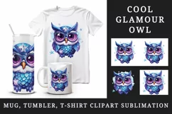 Watercolor cute cool glamour owl superstar wild animal bird glasses print 20 oz tumbler skinny mug wrap clipart t-shirt sublimation printable design