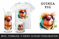 Watercolor cute cool guinea pig sunglasses superstar animal pet print 20 oz tumbler skinny mug wrap clipart t-shirt sublimation printable design