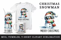 Watercolor cute cool snowman scarf hat sunglasses Merry Christmas quote print tumbler skinny mug wrap clipart t-shirt sublimation printable design