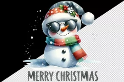 Watercolor cute cool snowman scarf hat sunglasses Merry Christmas quote print tumbler skinny mug wrap clipart t-shirt sublimation printable design